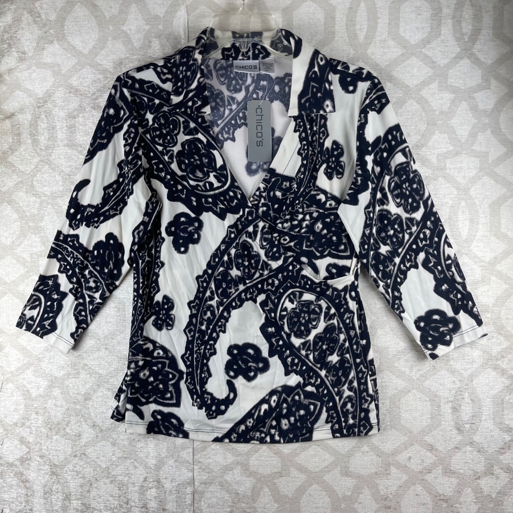 Chico's Paisley Impressions Melody Women 1 Medium Black White 3/4 Sleeve Top NEW